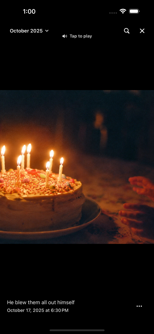 A birthday Scrap: candles on a cake, with a voice caption